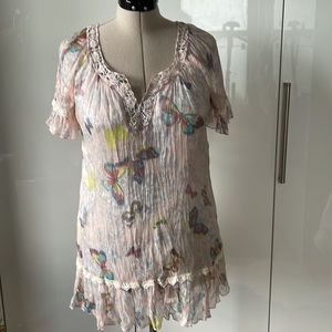 CHRISTELLE Blouse Short Sleeve Color-Punk/ Blue/Yellow Size-Small/Medium NWOT